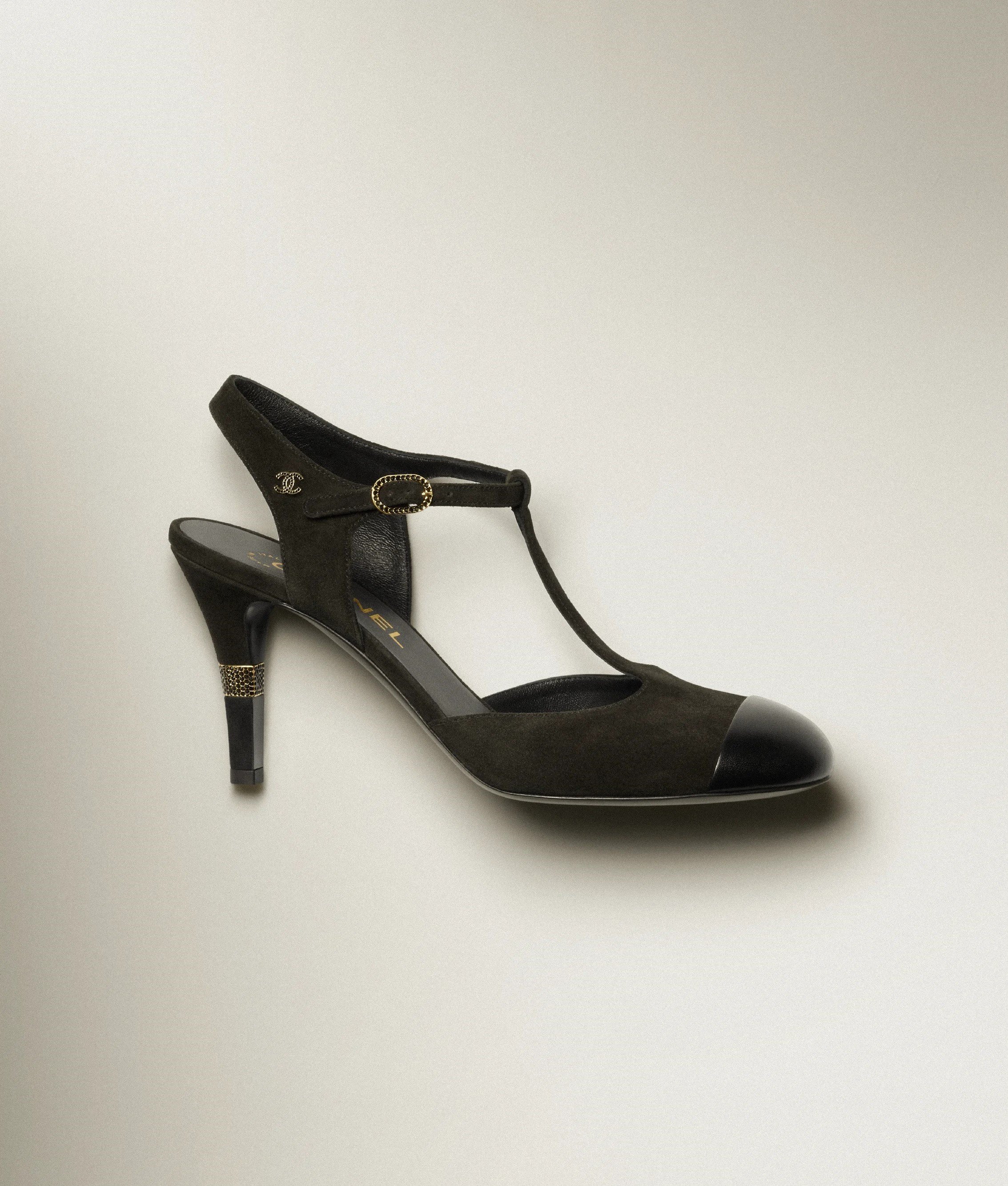 Chanel Logo-Embellished Cap-Toe T-Strap Shoes in Black Suede Chanel Logo-Embellished Cap-Toe T-Strap Shoes in Black Suede